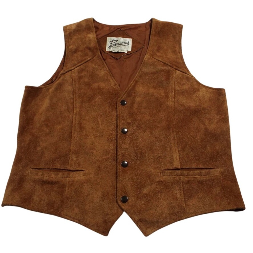 Bermans Suede Leather Vest Mens 44 Brown Western Snap Front Boho Cowboy Vintage